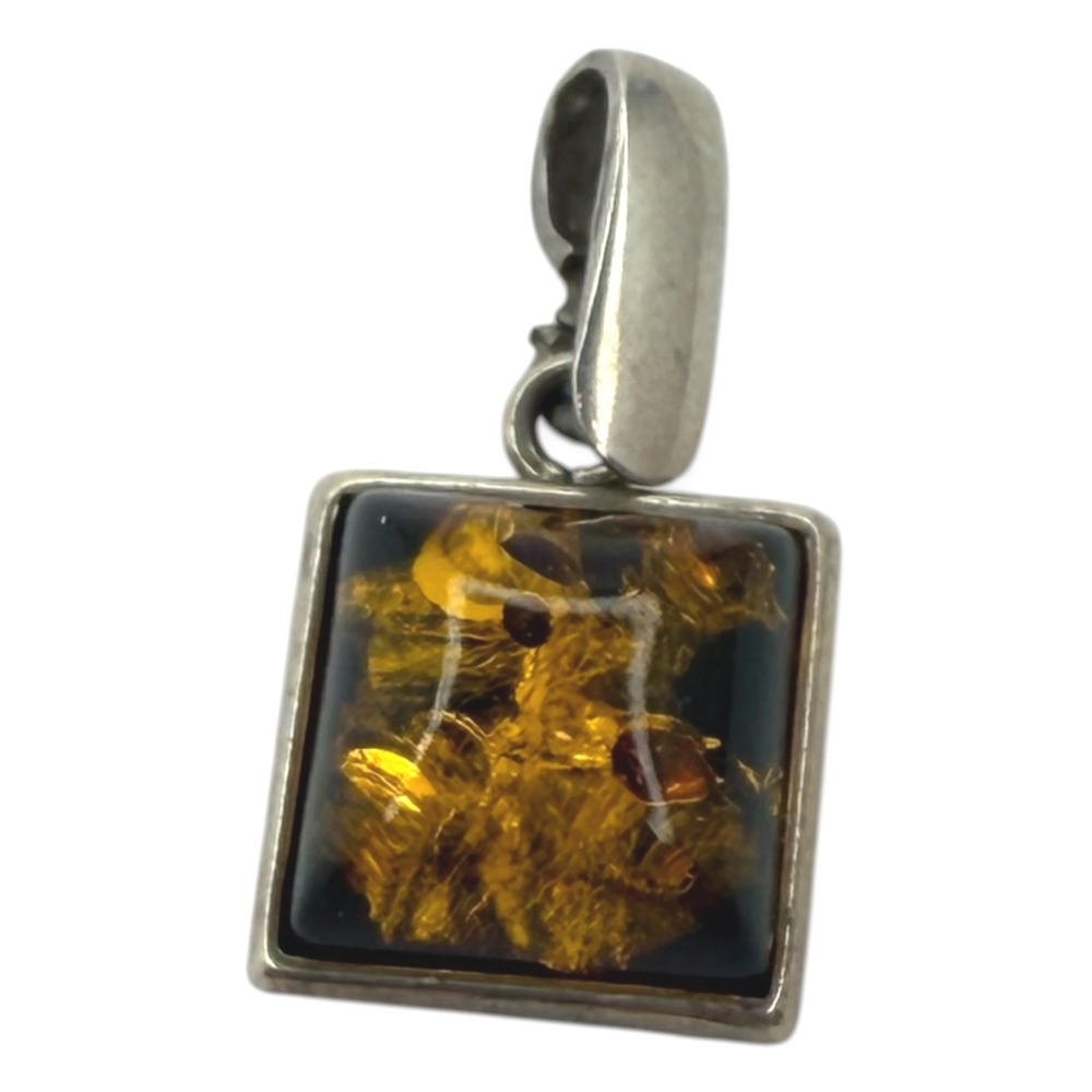 Vintage Pendant Sterling Silver 925 Faux Amber Square Sunspangled Baltic Style